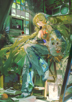 1girl :| bead_necklace beads binbougami_(onmyoji) blonde_hair brown_nails bucket cable cassette_player chinese_commentary closed_mouth commentary_request controller cropped_shirt crt curtains denim earrings full_body game_console highres indoors jeans jewelry joystick long_hair looking_at_viewer midriff monitor nail_polish navel necklace official_art onmyoji:_the_card_game orange_shirt pants plant ruoganzhao shirt shoes sitting sneakers solo stuffed_animal stuffed_toy torn_clothes torn_jeans torn_pants turtleneck turtleneck_shirt very_long_hair window yellow_eyes