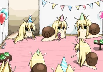 annika_(salvika) award_ribbon balloon blonde_hair closed_mouth commentary english_commentary green_eyes hair_intakes hat long_hair party party_hat ponymoe salvika slug snail string_of_flags table