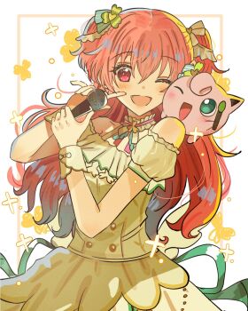 1girl ;d blush bow crossover dress gen_1_pokemon hair_ornament highres holding holding_microphone hotaruby jigglypuff long_hair looking_at_viewer microphone momoi_airi nintendo one_eye_closed open_mouth pokemon pokemon_(creature) project_sekai red_eyes ribbon smile two_side_up wrist_cuffs yellow_dress