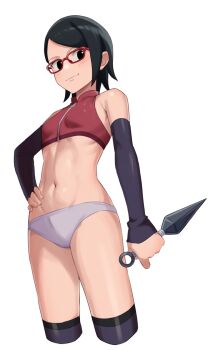 Rule 34 | 1girl, black eyes, black hair, boruto: naruto next generations, crop top, cropped legs, detached sleeves, glasses, grey panties, hand on own hip, highres, kneehighs, kunai, naruto (series), navel, ogi non, panties, red-framed eyewear, short hair, simple background, smile, socks, solo, stomach, toned, toned female, uchiha sarada, underwear, weapon