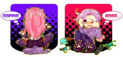Rule 34 | 2boys, blush, bohuman, cellphone, crying, diavolo, food, freckles, frog, ice cream, jojo no kimyou na bouken, long sleeves, male focus, multiple boys, nose blush, one eye closed, open mouth, phone, pink hair, purple hair, rubbing eyes, sitting, spotted hair, sweater, tears, thought bubble, unworn sweater, vento aureo, vinegar doppio, wristband, yellow eyes