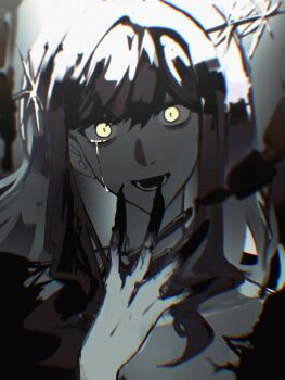1girl :d arcana_(reverse:1999) chromatic_aberration greyscale hand_up highres long_hair lower_teeth_only monochrome open_mouth portrait reverse:1999 single_tear smile solo spot_color teeth wand_in_head wilson_(wilson1151487) yellow_eyes