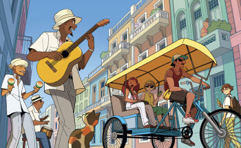 :d balcony bicycle black_facial_hair blue_sky bongo_drums brown_hair building calico_(pattern) calico_cat cellphone commentary_request cuba curly_hair dark-skinned_female dark-skinned_male dark_skin day drum facial_hair grey_pants guitar gurihiru hat holding holding_guitar holding_instrument holding_maracas holding_phone instrument long_hair maracas multiple_boys multiple_girls music old old_man open_mouth orange-tinted_eyewear orange_hair original outdoors pants phone playing_guitar playing_instrument profile red_tank_top riding riding_bicycle shirt short_hair sky smile sunglasses tank_top tinted_eyewear white_hat white_shirt