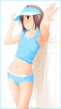 Rule 34 | 1girl, blue briefs, blue headwear, blue male underwear, blue shirt, blush, breasts, briefs, brown eyes, brown hair, classic fly briefs, cleft of venus, collarbone, cowboy shot, crossdressing, crossdressing (ftm), dedenden (pixiv30568724), female focus, hat, highres, looking at viewer, male underwear, medium breasts, midriff, navel, panties, pubic hair, pussy, see-through clothes, see-through male underwear, see-through underwear, shirt, short hair, smile, standing, tank top, underwear, visor cap, wall