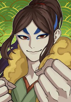 1boy blue_eyeshadow brown_hair clenched_hands colored_sclera eyeshadow highres japanese_clothes long_hair looking_at_viewer makeup male_focus oogama_(youkai_watch) pale_skin ponytail portrait red_eyes solo wasaki_97 yellow_sclera youkai_(youkai_watch) youkai_watch