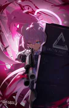 1girl absurdres ballistic_shield black_gloves blue_archive blue_eyes gloves gun halo heterochromia highres holding holding_weapon hoshino_(blue_archive) hxbdzj long_hair long_sleeves looking_at_viewer pink_hair shield shirt shotgun solo weapon white_shirt yellow_eyes