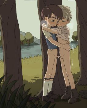 2boys aomuke arms_around_waist blonde_hair blue_eyes blush brown_hair closed_mouth clothes_in_mouth full_body highres kneehighs legwear_garter male_focus mouth_hold multiple_boys original outdoors penis penises_touching shirt_in_mouth short_hair shota socks standing testicles yaoi