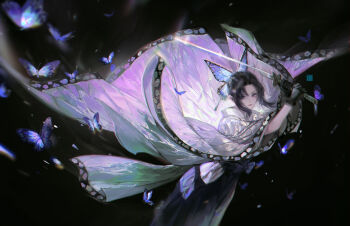 1girl black_background black_gloves black_pants bug butterfly butterfly_hair_ornament demon_slayer_uniform falling_petals glint gloves hair_ornament highres holding holding_sword holding_weapon insect jacket kimetsu_no_yaiba kochou_shinobu long_sleeves pants petals ponytail purple_eyes sasora short_hair_with_long_locks smile solo sword upper_body watermark weapon white_jacket wind