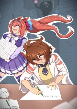 absurdres agnes_tachyon_(tach-nology)_(umamusume) agnes_tachyon_(umamusume) ahoge animal_ears animalization antenna_hair black_necktie blurry blurry_foreground bow bowtie bright_pupils brown_eyes brown_hair commentary daiwa_scarlet_(umamusume) fang ghost guinea_pig hair_between_eyes hair_bow hair_intakes highres holding holding_matchstick holding_pencil horse_ears horse_girl huge_ahoge itsuyoitsuyo lab_coat long_sleeves looking_down matches medium_hair necktie open_mouth paper_stack pencil pleated_skirt purple_sailor_collar purple_shirt purple_skirt purple_thighhighs red_bow red_eyes sailor_collar sailor_shirt shirt short_necktie skin_fang skirt sunday_silence_(racehorse) sweater t-head_trainer_(umamusume) thighhighs tiara trainer_(umamusume) translated twintails umamusume white_bow white_bowtie writing yellow_sweater