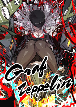 1girl absurdres aircraft azur_lane black_hat black_pantyhose breasts character_name cleavage graf_zeppelin_(azur_lane) hat highres large_breasts long_hair looking_at_viewer oriue_wato pantyhose peaked_cap red_eyes rigging sketch solo white_hair