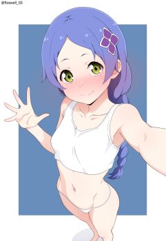 1girl absurdres artist_name bare_shoulders blue_background blush border braid braided_ponytail camisole closed_mouth collarbone green_eyes hair_ornament hairclip highres long_hair meili_portroute midriff navel panties parted_bangs purple_hair re:zero_kara_hajimeru_isekai_seikatsu roswell_ss selfie simple_background smile solo thighs twitter_username underwear white_border white_camisole white_panties