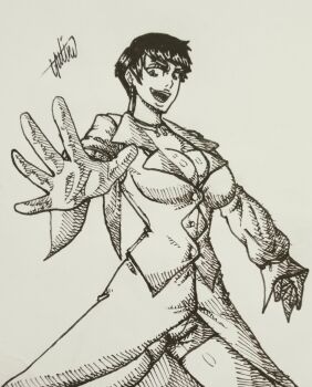 1girl bike_shorts breasts dress female_focus formal_clothes gutimdesenheiro huge_breasts large_breasts long_sleeves looking_at_viewer short_hair skirt smile smiley_face standing suit the_king_of_fighters thick_thighs thighs vice_(kof)