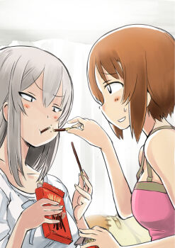 2girls alternate_costume bare_shoulders blush boko_(girls_und_panzer) breasts camisole casual collarbone curtains food food_in_mouth girls_und_panzer holding holding_food holding_pocky indoors itsumi_erika light_frown multiple_girls nabeyu nishizumi_miho pink_camisole pocky pocky_in_mouth shirt short_sleeves sleeveless smile spaghetti_strap sweatdrop white_shirt
