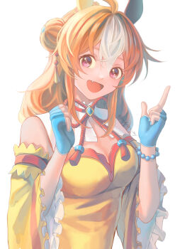 1girl absurdres ahoge animal_ears blue_gloves blush breasts brown_hair cleavage commentary_request copano_rickey_(umamusume) copano_rickey_(yin-yang_bagua_lucky_costume)_(umamusume) detached_sleeves double_bun dress ear_covers fang fingerless_gloves gloves hair_between_eyes hair_bun hair_ornament highres horse_ears horse_girl long_hair looking_at_viewer medium_breasts mismatched_ear_covers multicolored_hair open_mouth purple_eyes simple_background smile soidaizu_soy solo tassel tassel_hair_ornament umamusume white_background white_hair yellow_dress yellow_sleeves