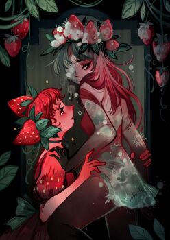 Rule 34 | 2girls, choker, colored skin, dress, feefal, food-themed clothes, food-themed hair ornament, fungi, hair ornament, highres, leaf, long hair, mold, mold girl, monster girl, multiple girls, original, personification, pink skin, plant girl, puffy short sleeves, puffy sleeves, red hair, red skin, short sleeves, strawberry hair ornament, upper body, yuri