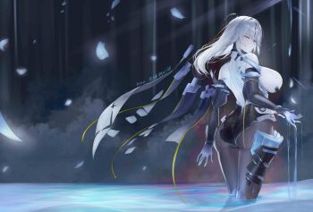 1girl absurdres ass black_gloves black_leotard black_pantyhose breasts chinese_commentary closed_eyes commentary_request elbow_gloves floating_cape forest gloves hair_between_eyes highres impossible_clothes impossible_leotard large_breasts leotard long_hair lyfe_bestla lyfe_bestla_-_infinite_sight nature outdoors pantyhose parted_lips sidelocks snowbreak:_containment_zone solo standing wading water white_hair white_leotard zhenli_trigger