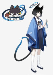 Rule 34 | 1girl, akiha (attract), animal ear fluff, animal ears, black eyes, black footwear, black hair, black nails, black skirt, blue archive, cat ears, cat girl, cat tail, closed mouth, clothes writing, commentary request, english text, grey background, halo, highres, holding, kikyou (blue archive), looking at viewer, multiple tails, nail polish, pleated skirt, sandals, shirt, short hair, simple background, skirt, socks, solo, standing, tail, two tails, white shirt, white socks, zouri