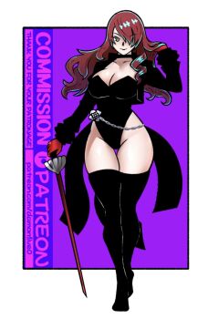 1girl black_choker black_coat black_leotard boots breasts choker coat cosplay damonfive0 hair_over_one_eye high_heel_boots high_heels highres holding holding_sword holding_weapon kirijou_mitsuru leotard long_hair looking_at_viewer persona persona_3 persona_3_reload persona_5 persona_5_the_royal rapier red_eyes red_hair simple_background sword thick_thighs thighs violet_(persona_5) weapon yoshizawa_kasumi yoshizawa_kasumi_(cosplay)