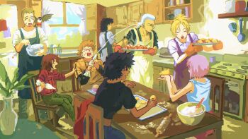 3girls 5boys absurdres animal animal_on_shoulder apron baking bird bird_on_shoulder black_apron black_hair black_shirt blonde_hair blue_(wolf's_rain) blush_stickers bowl brown_hair cher_degre cheza_(wolf's_rain) closed_eyes grey_hair hige_(wolf's_rain) highres holding holding_bowl holding_tray hubb_lebowski indoors kiba_(wolf's_rain) kitchen mauvh midriff multiple_boys multiple_girls nervous open_mouth oven_mitts pastry_bag pink_hair purple_apron red_shirt rolling_pin scar scar_on_chest shirt short_hair toboe_(wolf's_rain) tray tsume_(wolf's_rain) window wolf's_rain