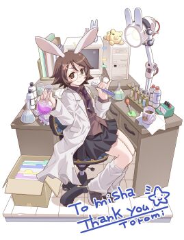 1girl animal_ears artist_name bandaid bandaid_hair_ornament black-framed_eyewear black_shoes black_skirt blue_necktie brown_eyes brown_hair brown_shirt chair closed_mouth coat collared_shirt commentary_request commission commissioner_name computer computer_keyboard computer_mouse computer_tower crossed_bandaids crt cup flipped_hair full_body glasses hair_ornament highres holding holding_vial indie_virtual_youtuber lab_coat lamp long_sleeves looking_at_viewer loose_socks mishapyon_(vtuber) monitor mug necktie on_chair open_clothes open_coat pinky_out rabbit_ears rabbit_girl scientist shirt shoes short_hair sitting skeb_commission skirt smile socks solo stuffed_animal stuffed_toy teddy_bear thank_you tie_clip toromi_(toromix2) vial virtual_youtuber white_coat white_socks