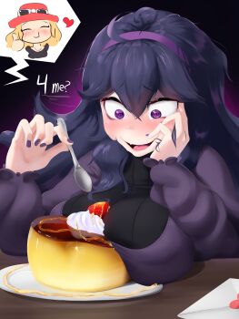 2girls absurdres artist_request blonde_hair blood blush breasts dress eyewear_on_headwear food fruit hat headband heart hex_maniac_(pokemon) hex_maniac_(pokemon_xy) highres letter love_letter matching_hair/eyes multiple_girls nintendo nosebleed plate pokemon pokemon_xy porkpie_hat pudding purple_dress purple_eyes purple_hair red_hat serena_(pokemon) source_request spoon strawberry sunglasses table tagme whipped_cream white-framed_eyewear yuri