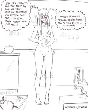 1girl classroom exhibitionism glasses highres humiliation line_art nude persona persona_5 phone public_indecency sakura_futaba school shaking shin_megami_tensei uncensored zerbebuth