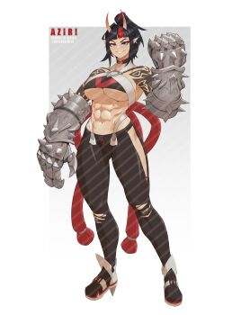 1girl 2023 arm_tattoo arm_up black_choker black_hair black_pants black_shoes blue_eyes bow breasts character_name choker clenched_hand commentary ear_piercing english_commentary eyeshadow female_focus gauntlets gradient_background high_heels highres horns huge_weapon large_breasts leather leather_pants legs_apart long_hair looking_at_viewer makeup multicolored_hair muscular muscular_female o-ring o-ring_top okasbasement oni original pants piercing pointy_ears ponytail red_eyeshadow red_hair serious shoes side_slit simple_background standing streaked_hair tassel tattoo thick_thighs thighs torn_clothes torn_pants underboob v-shaped_eyebrows weapon