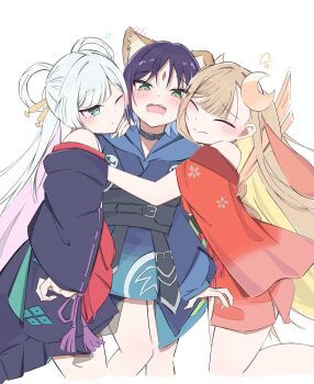 Rule 34 | 3girls, animal ears, bare shoulders, black choker, black hair, blonde hair, blue eyes, blue hair, blush, cho kaguya-hime!, choker, closed eyes, commentary, crescent, crescent hair ornament, cropped legs, forehead jewel, fox ears, girl sandwich, green eyes, hair ornament, hair rings, hair stick, hand on another's shoulder, heart, highres, hug, hug from side, japanese clothes, kaguya (cho kaguya-hime!), kimono, long hair, long sleeves, lop rabbit ears, lubrikka, multicolored hair, multiple girls, one eye closed, open mouth, pink hair, rabbit ears, red kimono, runami yachiyo, sakayori iroha, sandwiched, short hair, smile, two-tone hair, untranslatable commentary, very long hair, white background, white hair, yuri