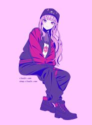 Rule 34 | 1girl, baseball cap, black footwear, black hat, black pants, closed mouth, cross-laced footwear, hat, hololive, hololive english, jacket, long hair, long sleeves, looking at viewer, mori calliope, open clothes, open jacket, pants, pink background, pink eyes, pink hair, r2salt, red jacket, shirt, simple background, sitting, solo, virtual youtuber, watermark, web address, white shirt