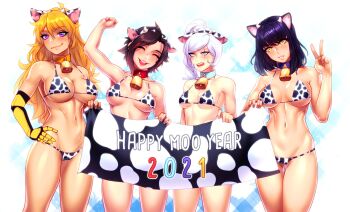 4girls animal_ears animal_print arm_up bell bikini black_hair blake_belladonna blonde_hair blue_eyes blush braid braided_ponytail breasts chinese_zodiac cleavage closed_eyes collar collarbone cow_ears cow_horns cow_print cowbell fake_animal_ears fake_horns gradient_hair hairband highres holding holding_sign horns large_breasts long_hair looking_at_viewer medium_breasts multicolored_hair multiple_girls navel neck_bell open_mouth phloxberry ponytail prosthesis prosthetic_arm purple_eyes red_hair ruby_rose rwby scar scar_across_eye scar_on_face short_hair sign smile stomach swimsuit thighs toned weiss_schnee white_hair yang_xiao_long year_of_the_ox yellow_eyes