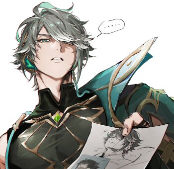 ... 1boy alhaitham_(genshin_impact) antenna_hair aqua_hair colored_inner_hair covered_pectorals drawing_(object) earrings from_below genshin_impact grey_hair highres holding holding_paper hwan_(mob_hwan) jewelry looking_at_viewer male_focus meme multicolored_hair paper pectorals short_hair simple_background solo spoken_ellipsis upward_angle_frieren_drawing_(meme) white_background white_hair