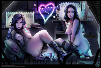2girls anal_beads arrow_(projectile) between_breasts black_hair bottle breasts catcouch clothed_female_nude_female fallout fallout_4 figure heart indoors jacket kneeling long_hair looking_at_viewer medium_breasts multiple_girls navel neon_lights nipples nora_(fallout_4) nude nuka_cola_quantum object_insertion piper_wright pubic_hair pussy reclining scarf seiza sex_toy sitting soda_bottle stomach uncensored vaginal vaginal_object_insertion