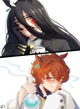 Rule 34 | 2girls, agnes tachyon (umamusume), ahoge, anger vein, animal ears, artist name, black choker, black coat, black gloves, black hair, black shirt, breasts, brown hair, chemical structure, choker, closed mouth, coat, coffii, collared shirt, contrast collar, cup, ear ornament, ear tag, earrings, flask, frown, gloves, hair between eyes, hand on own face, highres, holding, holding cup, holding flask, horse ears, horse girl, jewelry, jondough, lab coat, large breasts, long hair between eyes, long sleeves, looking at another, manhattan cafe (umamusume), mug, multicolored hair, multiple girls, necktie, red eyes, round-bottom flask, shirt, short hair, signature, simple background, single earring, sleeves past fingers, sleeves past wrists, smile, smoke, split screen, steam, steaming cup, sweater, umamusume, white background, white coat, white hair, yellow necktie, yellow sweater