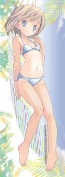 1girl absurdres barefoot bikini blue_bikini blue_eyes brown_hair cloud feet flat_chest full_body highres looking_at_viewer navel original palm_tree polka_dot polka_dot_bikini pop_(electromagneticwave) short_hair sky smile solo standing swimsuit tree