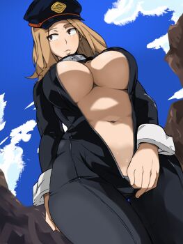 1girl black_bodysuit blonde_hair blue_sky bodysuit boku_no_hero_academia breasts brown_hair cafekun choker cloud cowboy_shot day half-closed_eyes hat highres large_breasts long_sleeves looking_to_the_side navel no_bra sky solo thigh_gap third-party_edit underboob unzipped utsushimi_kemii