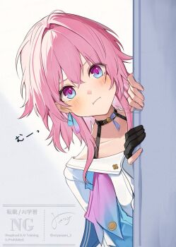 1girl :i black_choker black_gloves blue_eyes blush choker closed_mouth fingerless_gloves gloves highres honkai:_star_rail honkai_(series) long_hair march_7th_(honkai:_star_rail) miyanami_3 multicolored_eyes pink_eyes pink_hair shirt single_glove solo two-tone_eyes white_shirt