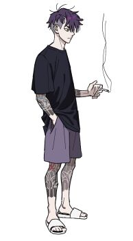 1boy arm_tattoo cigarette closed_mouth corbeau_(pokemon) crew_neck frown full_body hand_in_pocket highres holding holding_cigarette leg_tattoo male_focus messy_hair nintendo no_eyewear parted_hair pkmnrkgk pokemon pokemon_legends:_z-a purple_hair purple_shorts sandals shirt shoes short_hair short_sleeves shorts simple_background smoke smoke_trail solo t-shirt tattoo white_background white_shoes
