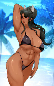 Rule 34 | 1girl, bikini, breasts, dark-skinned female, dark skin, highres, large breasts, long hair, mirabell bell, nofuture, swimsuit, taimanin (series), taimanin asagi kessen arena