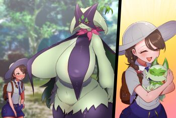 1futa 1girl :o bag blush braid braided_ponytail breasts brown_eyes brown_hair bulge closed_eyes clothes erection erection_under_clothes evolution fence14 furry furry_female furry_with_non-furry futanari gigantic_breasts happy hat interspecies juliana_(pokemon) looking_at_viewer meowscarada nintendo open_mouth pink_eyes pokemon pokemon_sv ponytail shoulder_bag side_ponytail size_difference small_breasts smile sprigatito tongue tongue_out