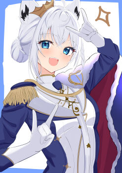 1girl absurdres ahoge animal_ear_fluff animal_ears blue_eyes braid bun_with_braided_base cape crown double_fox_shadow_puppet epaulettes fox_ears fox_girl fox_shadow_puppet fur-trimmed_cape fur_trim hair_between_eyes hair_bun highres hololive long_sleeves looking_at_viewer mini_crown official_alternate_costume official_alternate_hairstyle open_mouth red_cape shirakami_fubuki shirakami_fubuki_(fbkingdom) side_cape single_epaulette smile solo tilted_headwear umikotatsu upper_body virtual_youtuber