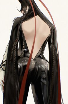 1girl ass back backless_outfit bayonetta bayonetta_(series) bayonetta_1 beehive_hairdo black_bodysuit black_hair bodysuit breasts clothing_cutout elbow_gloves from_behind glasses gloves highres hiroshi_(hiiroshiiii) large_breasts long_hair solo very_long_hair