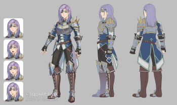 Rule 34 | 1boy, anbe yoshirou, arm at side, armor, black gloves, black pants, blue eyes, blue shirt, boots, brown boots, clenched hand, closed mouth, commentary request, copyright notice, expressionless, fingerless gloves, full body, gloves, grey background, highres, james (romancing saga 2), knee boots, knee guards, male focus, medium hair, multiple expressions, official art, open mouth, pants, purple hair, romancing saga 2, saga, shirt, shoulder armor, standing, vambraces