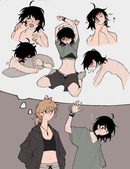 2girls ? absurdres arms_up black_choker black_coat black_eyes black_hair black_shorts blonde_hair blue_eyes blush breasts choker closed_mouth clothes_lift coat commentary drawstring english_commentary finger_in_another's_mouth hair_tie_on_wrist hand_grab hands_up highres holding holding_pillow hugging_object imagining jewelry mouth_hold multiple_girls navel neck_grab necklace nipples nude open_fly open_mouth original pillow puff_of_air short_hair shorts simple_background sitting small_breasts socks spoogyoogie topless_female underwear wariza watch waving wristwatch yuri