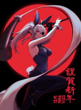 absurdres ahoge animal_ears armpits black_background black_gauntlets blue_leotard breasts commentary english_commentary eyepatch gauntlets general_geega grey_hair heterochromia high_heels highres indie_virtual_youtuber leg_up leotard n0r0 pantyhose playboy_bunny pointy_ears ponytail rabbit_ears rabbit_tail red_eyes red_sun see-through_cleavage see-through_clothes sideboob single_gauntlet smile swinging_weapon tail virtual_youtuber