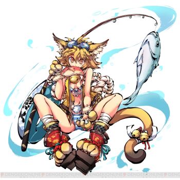 1girl :3 animal_ear_fluff animal_ears animal_hands animal_legs bandaged_leg bandages bell bikini biting blonde_hair breasts cat_ears cat_tail ebisu_(himegami_kagura) fish fishing_line fishing_rod flipped_hair front-tie_bikini_top front-tie_top full_body geta gloves goggles goggles_on_head hair_between_eyes himegami_kagura holding holding_fishing_rod innertube jacket looking_at_viewer medium_breasts ms06s navel official_art open_clothes open_jacket paw_gloves paw_shoes second-party_source sidelocks simple_background sitting sleeveless sleeveless_jacket solo striped_bikini striped_clothes swim_ring swimsuit tachi-e tail tail_bell tail_ornament thighs white_background yellow_jacket