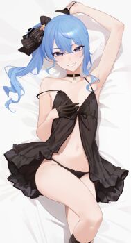1girl arm_up armpits babydoll bed_sheet black_babydoll black_choker black_gloves black_panties black_socks blue_eyes blue_hair breasts choker clenched_teeth commentary english_commentary gloves half_gloves highres hololive hoshimachi_suisei knee_up long_hair looking_at_viewer navel panties serelith side_ponytail small_breasts socks solo stomach teeth underwear