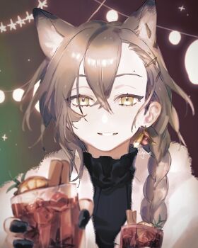 Rule 34 | 1girl, animal ears, arknights, black nails, black shirt, braid, christmas lights, cinnamon stick, commentary request, cup, drinking glass, earrings, food, food-themed earrings, fruit, fur-trimmed jacket, fur trim, garnish, grey hair, hair between eyes, hair ornament, hairpin, holding, holding cup, jacket, jewelry, lemon, lemon slice, long hair, mole, mole on forehead, mulled wine, one-hour drawing challenge, parted lips, partial commentary, penance (arknights), penance (occasionally flushed) (arknights), pov, reaching, reaching towards viewer, shirt, signature, single braid, single sidelock, smile, solo, straight-on, turtleneck, turtleneck shirt, ujoe 7hr, upper body, white jacket, wolf ears, yellow eyes