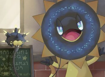 blue_eyes bright_pupils cable character_print commentary_request gen_6_pokemon gen_8_pokemon glowing happi_xfyg heliolisk looking_at_viewer nintendo no_humans open_mouth pincurchin plug pokemon pokemon_(creature) sign signature star_(symbol) star_print tongue white_pupils