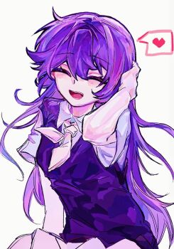 1girl :d ^_^ arm_at_side arm_behind_head arm_up bare_arms chinese_commentary closed_eyes collared_shirt commentary_request cowboy_shot double-parted_bangs facing_viewer grey_background hair_between_eyes hair_intakes heart long_hair mari_(headspace)_(omori) mari_(omori) mellocaa neckerchief omori open_mouth pink_neckerchief pleated_skirt purple_hair purple_sweater_vest shirt short_sleeves sidelocks simple_background sitting skirt smile solo spoken_heart sweater_vest teeth tongue upper_teeth_only very_long_hair white_shirt