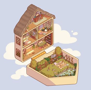 absurdly_detailed_composition animal baguette bed bedroom book bookshelf bread building cat chair chest_of_drawers clutter coffee_table commentary commission computer couch cup curtains desk dog drum english_commentary evergreenqveen fence fireplace flower food grass hat highres house indoors instrument lily_pad living_room loaded_interior log mirror monitor no_humans original outdoors picnic picnic_basket picnic_blanket picture_frame pillow plant polly_pocket rock simple_background table teapot tree vines water window wooden_floor yarn